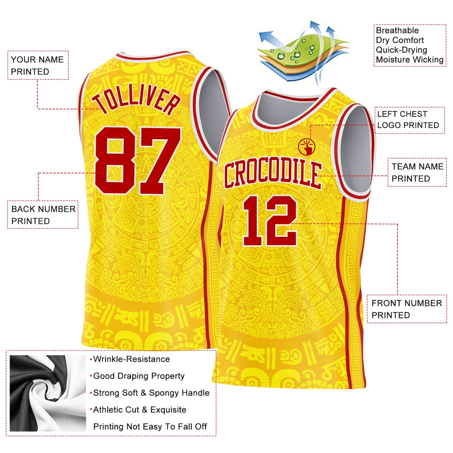 Custom Gold Red-White Tribal Ethnic Aztec Sun Stone Side Panel Stripe Round Neck Sublimation Basketball Set Jersey view 3