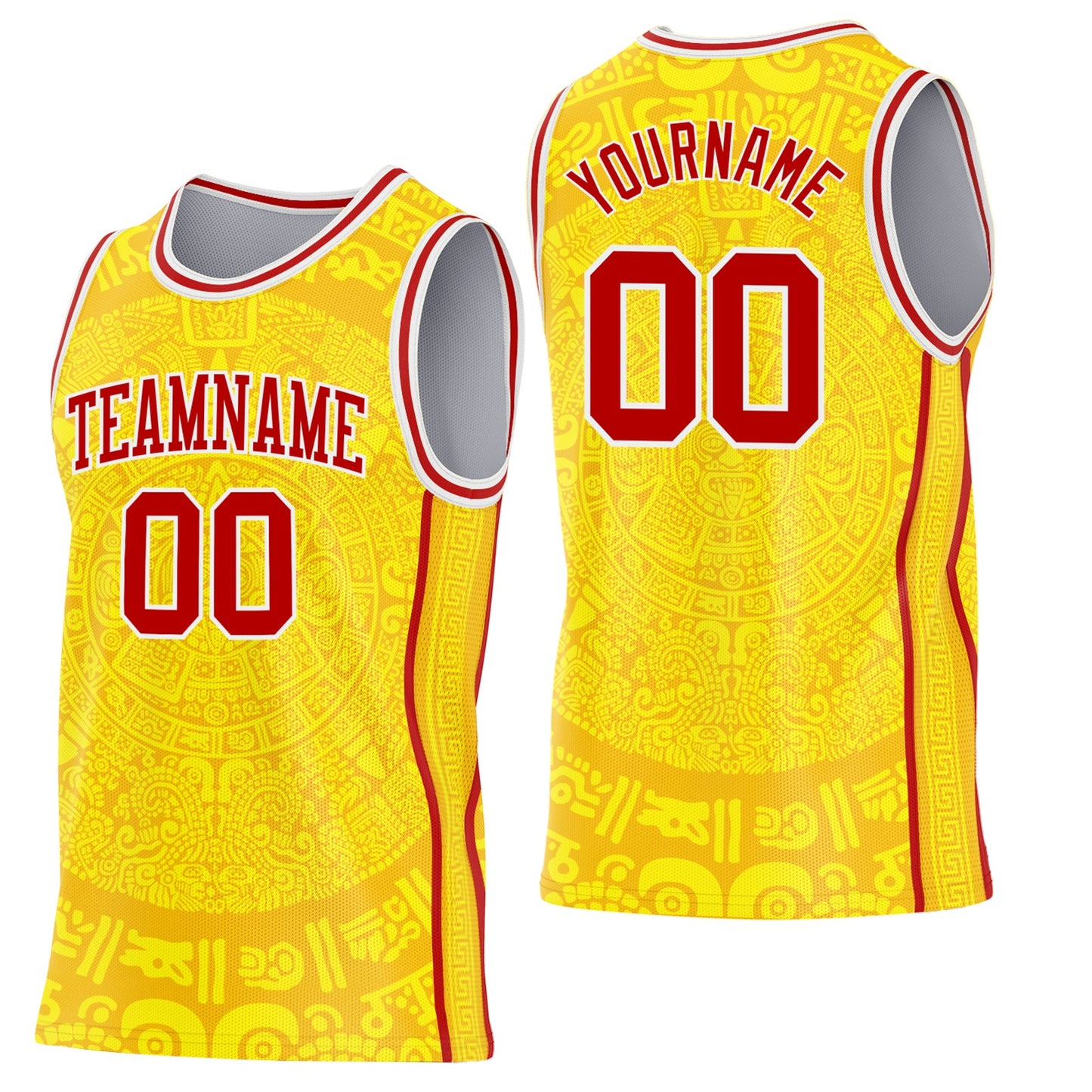 Custom Gold Red-White Tribal Ethnic Aztec Sun Stone Side Panel Stripe Round Neck Sublimation Basketball Set Jersey - Main View