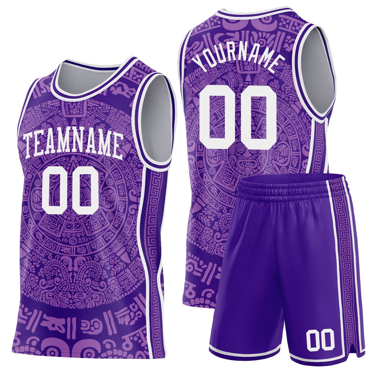 Custom Purple-White Tribal Ethnic Aztec Sun Stone Side Panel Stripe Round Neck Sublimation Basketball Set Jersey view 2