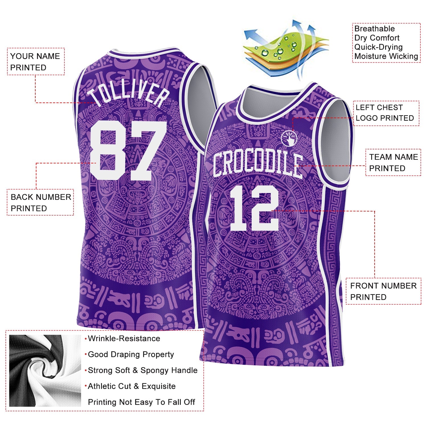 Custom Purple-White Tribal Ethnic Aztec Sun Stone Side Panel Stripe Round Neck Sublimation Basketball Set Jersey view 3
