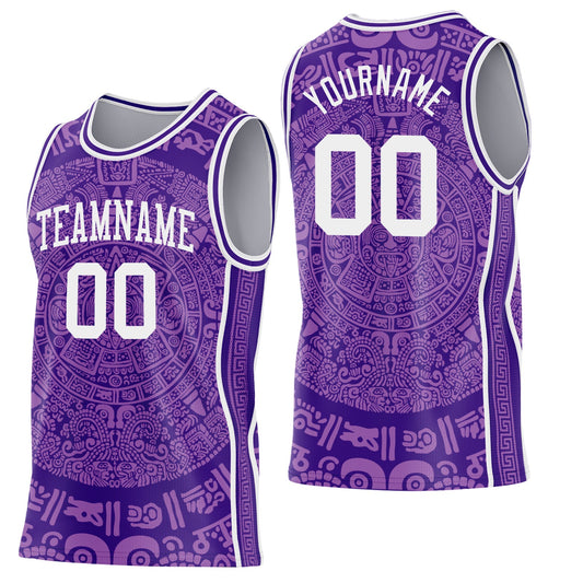 Custom Purple-White Tribal Ethnic Aztec Sun Stone Side Panel Stripe Round Neck Sublimation Basketball Set Jersey - Main View
