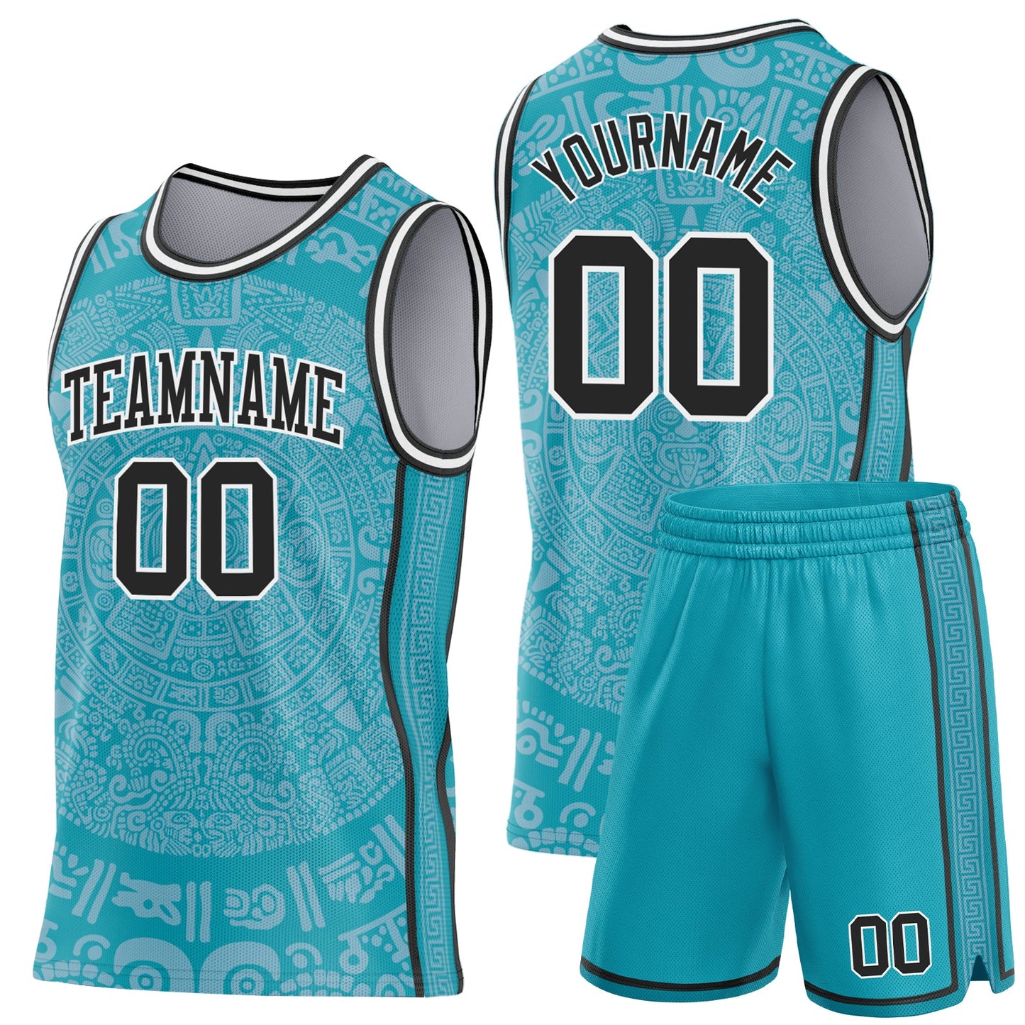 Custom Teal Black-White Tribal Ethnic Aztec Sun Stone Side Panel Stripe Round Neck Sublimation Basketball Set Jersey view 2