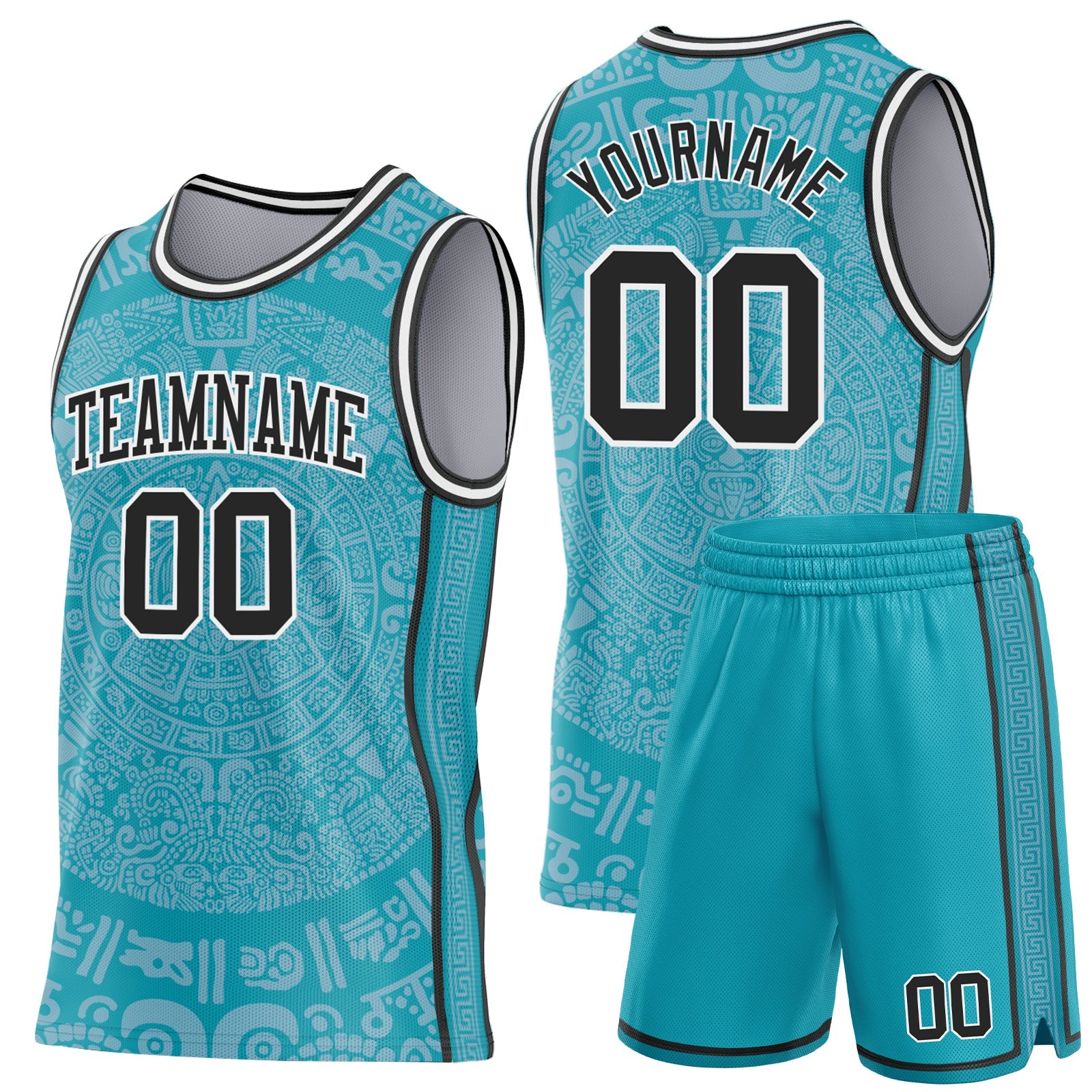 Custom Teal Black-White Tribal Ethnic Aztec Sun Stone Side Panel Stripe Round Neck Sublimation Basketball Set Jersey view 2