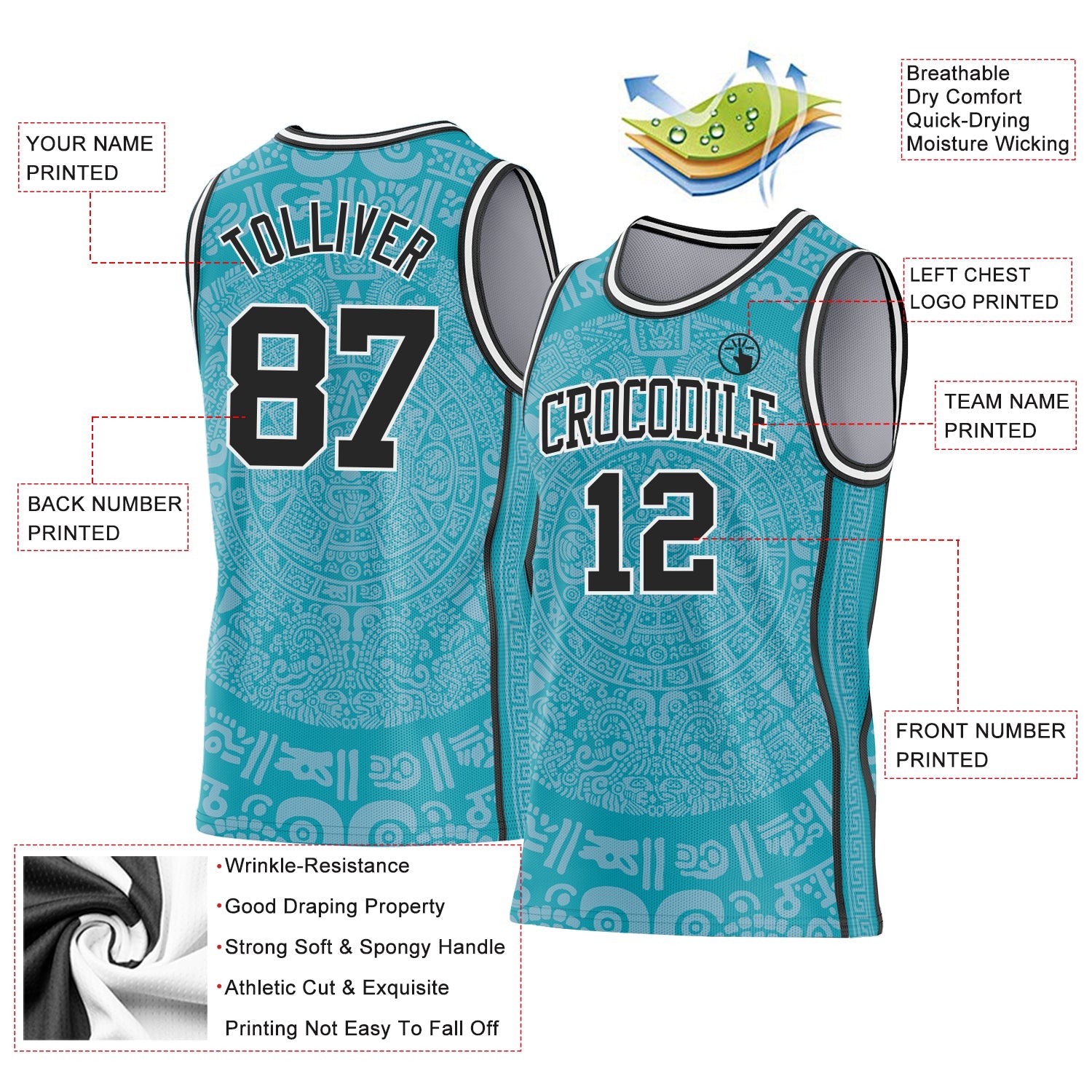 Custom Teal Black-White Tribal Ethnic Aztec Sun Stone Side Panel Stripe Round Neck Sublimation Basketball Set Jersey view 3