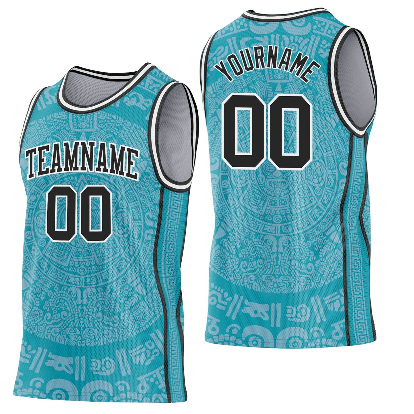 Custom Teal Black-White Tribal Ethnic Aztec Sun Stone Side Panel Stripe Round Neck Sublimation Basketball Set Jersey - Main View