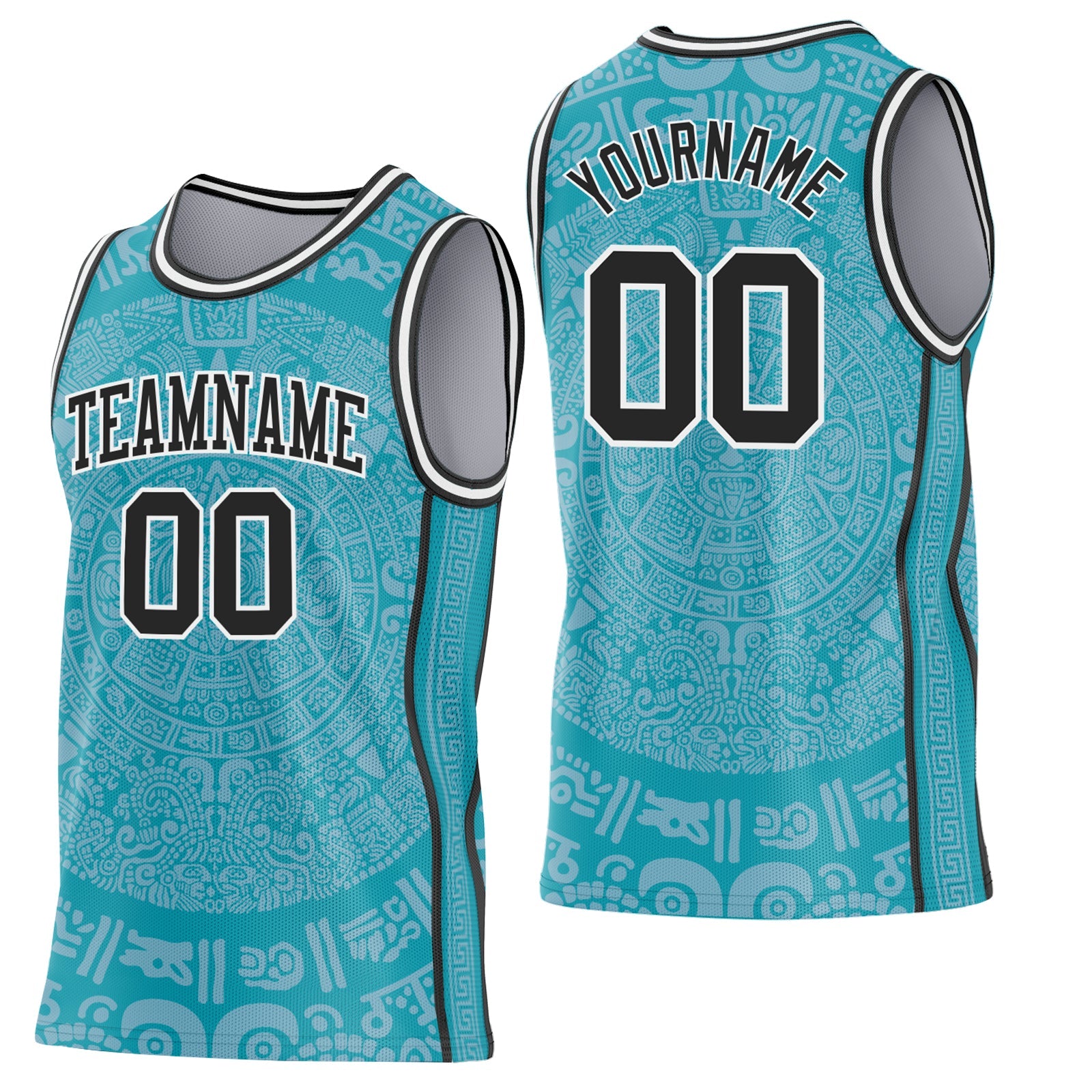 Custom Teal Black-White Tribal Ethnic Aztec Sun Stone Side Panel Stripe Round Neck Sublimation Basketball Set Jersey - Main View
