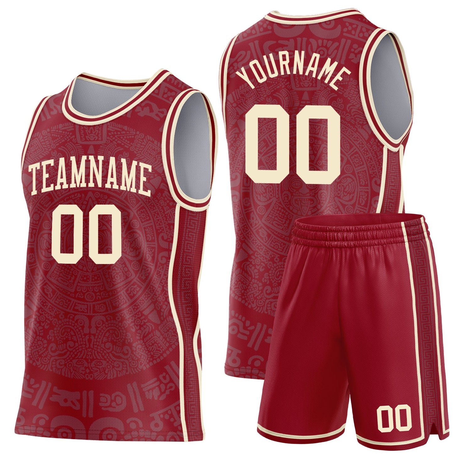 Custom Maroon-Cream Tribal Ethnic Aztec Sun Stone Side Panel Stripe Round Neck Sublimation Basketball Set Jersey view 2