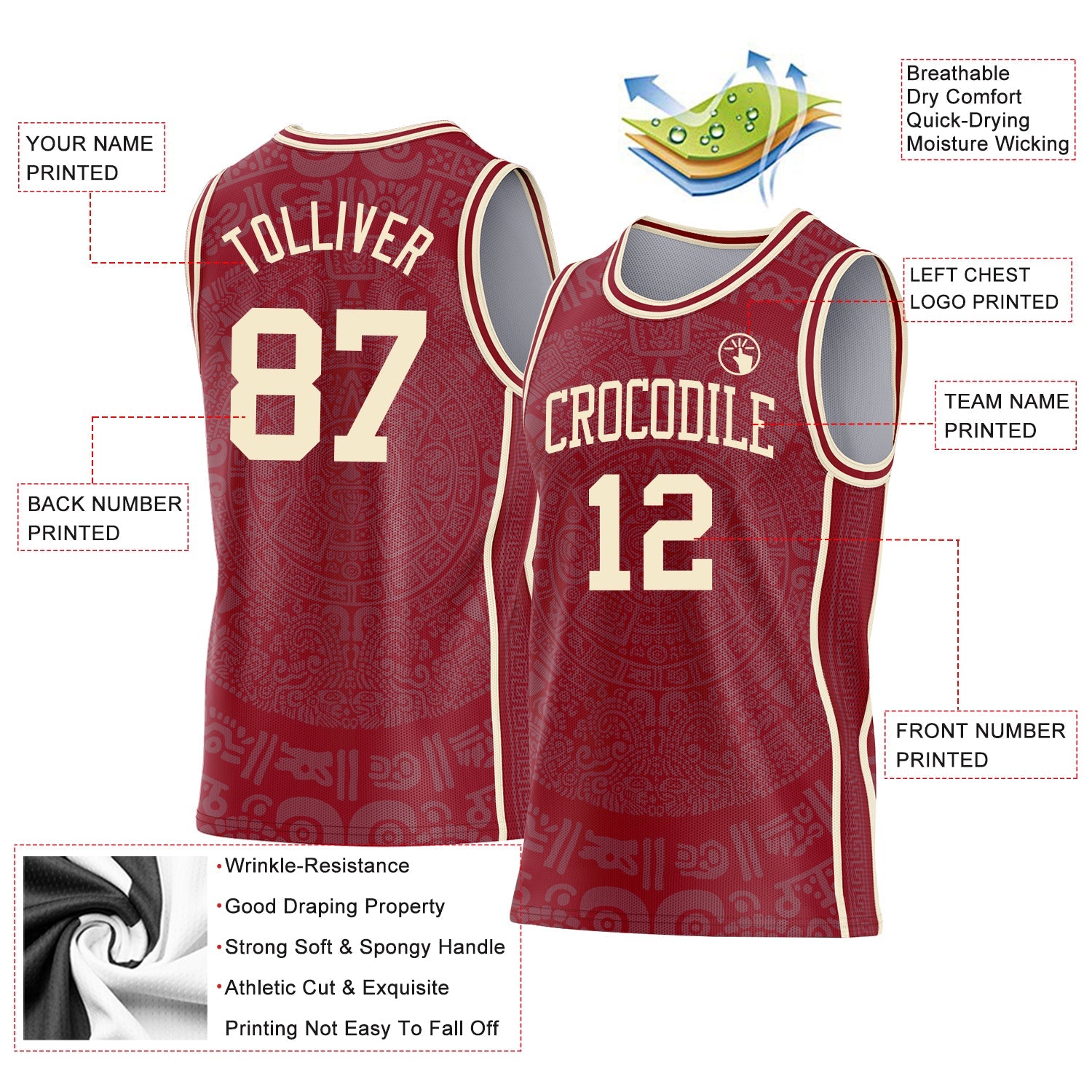 Custom Maroon-Cream Tribal Ethnic Aztec Sun Stone Side Panel Stripe Round Neck Sublimation Basketball Set Jersey view 3