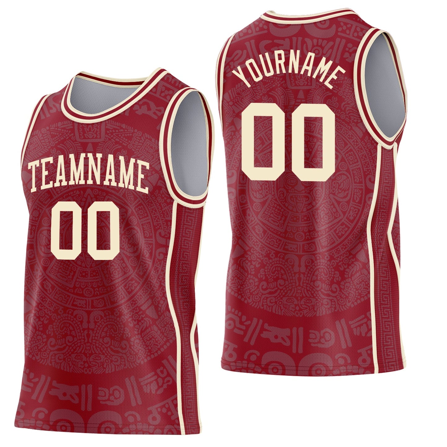 Custom Maroon-Cream Tribal Ethnic Aztec Sun Stone Side Panel Stripe Round Neck Sublimation Basketball Set Jersey - Main View