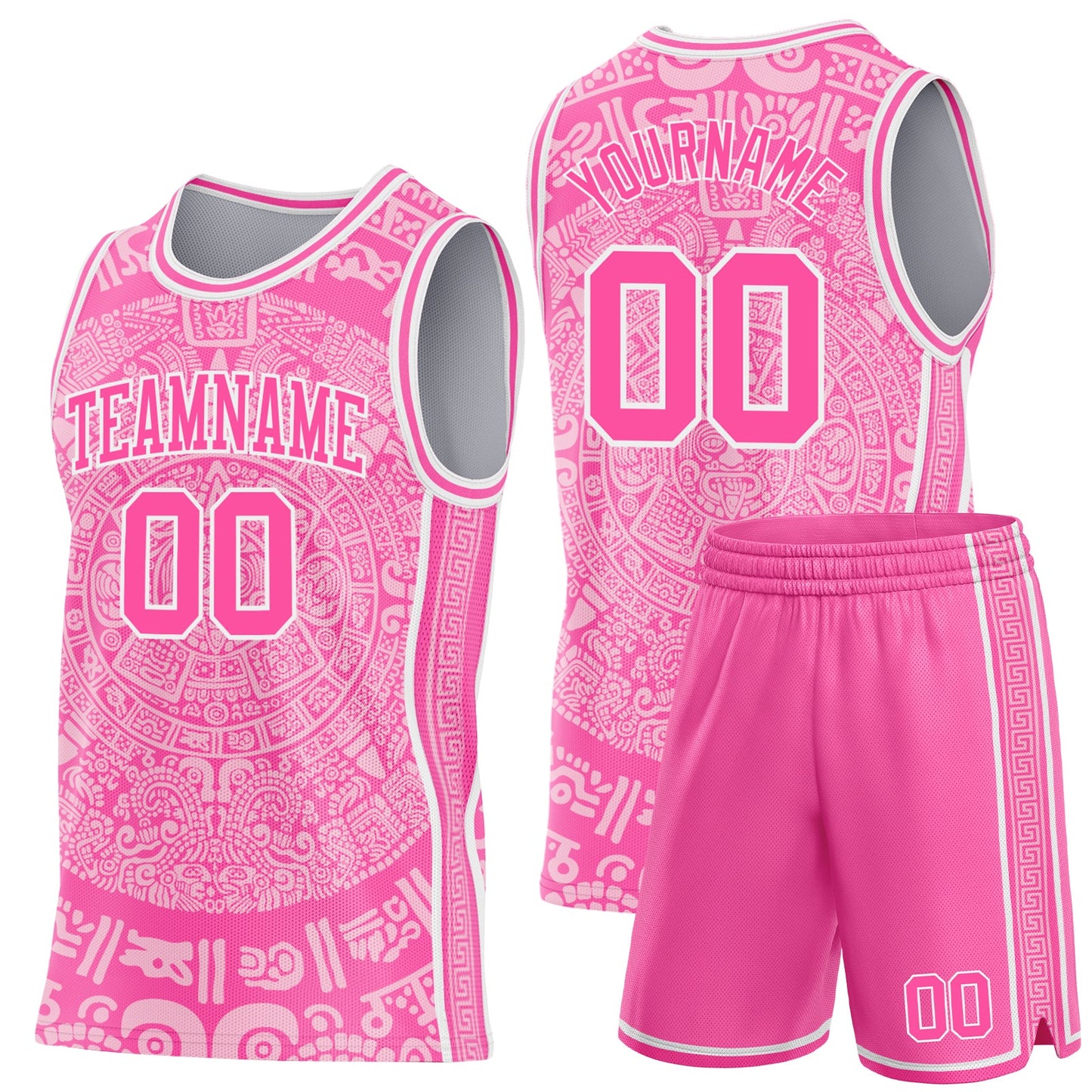 Custom Pink-White Tribal Ethnic Aztec Sun Stone Side Panel Stripe Round Neck Sublimation Basketball Set Jersey view 2