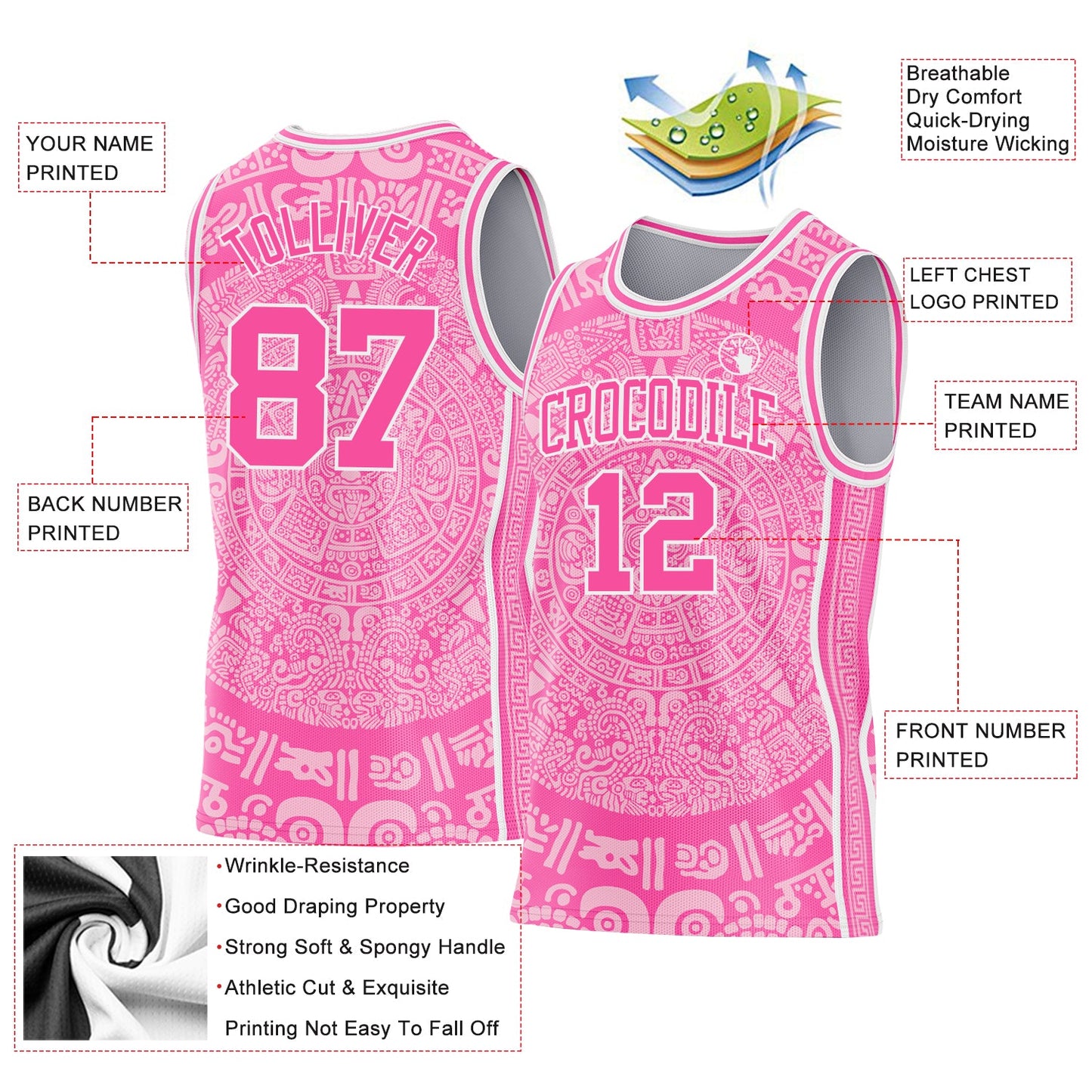 Custom Pink-White Tribal Ethnic Aztec Sun Stone Side Panel Stripe Round Neck Sublimation Basketball Set Jersey view 3