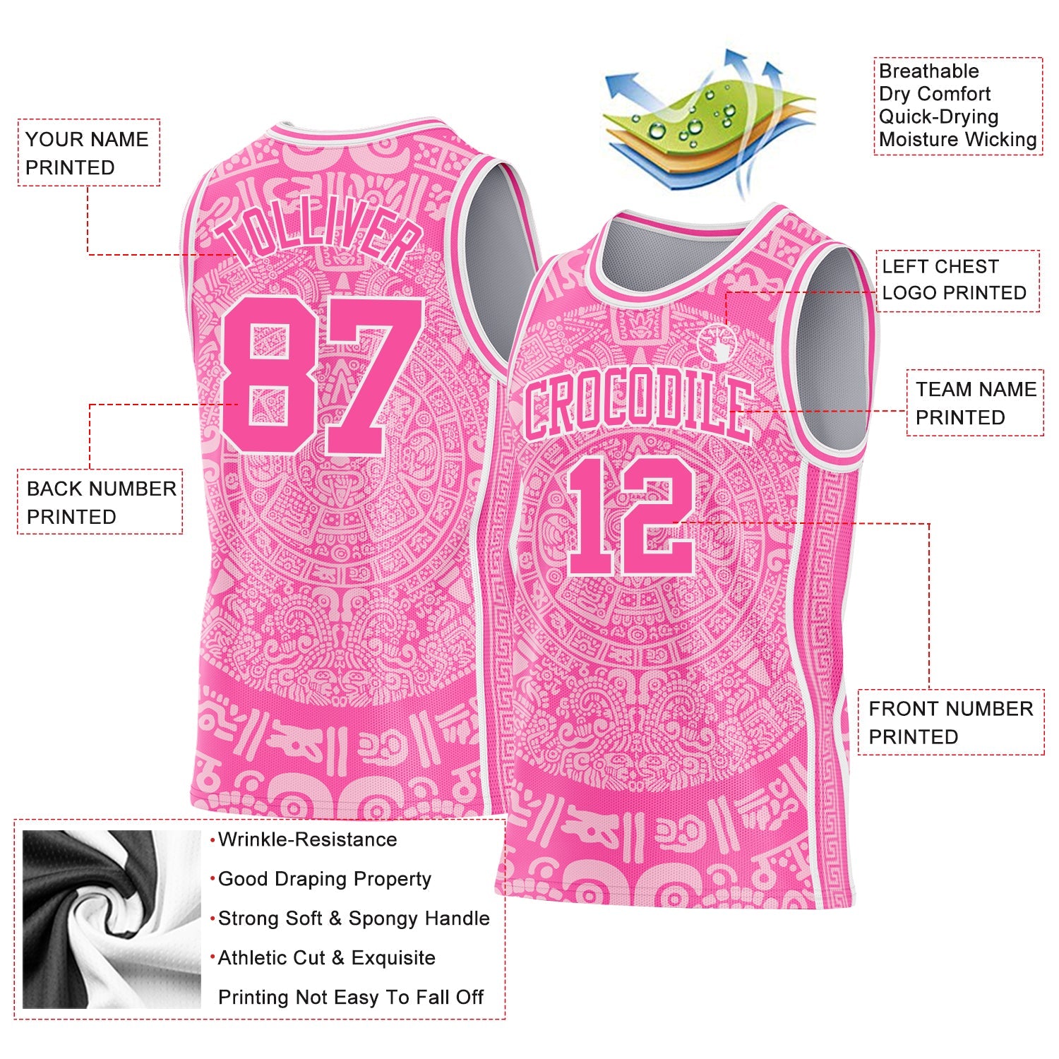 Custom Pink-White Tribal Ethnic Aztec Sun Stone Side Panel Stripe Round Neck Sublimation Basketball Set Jersey view 3