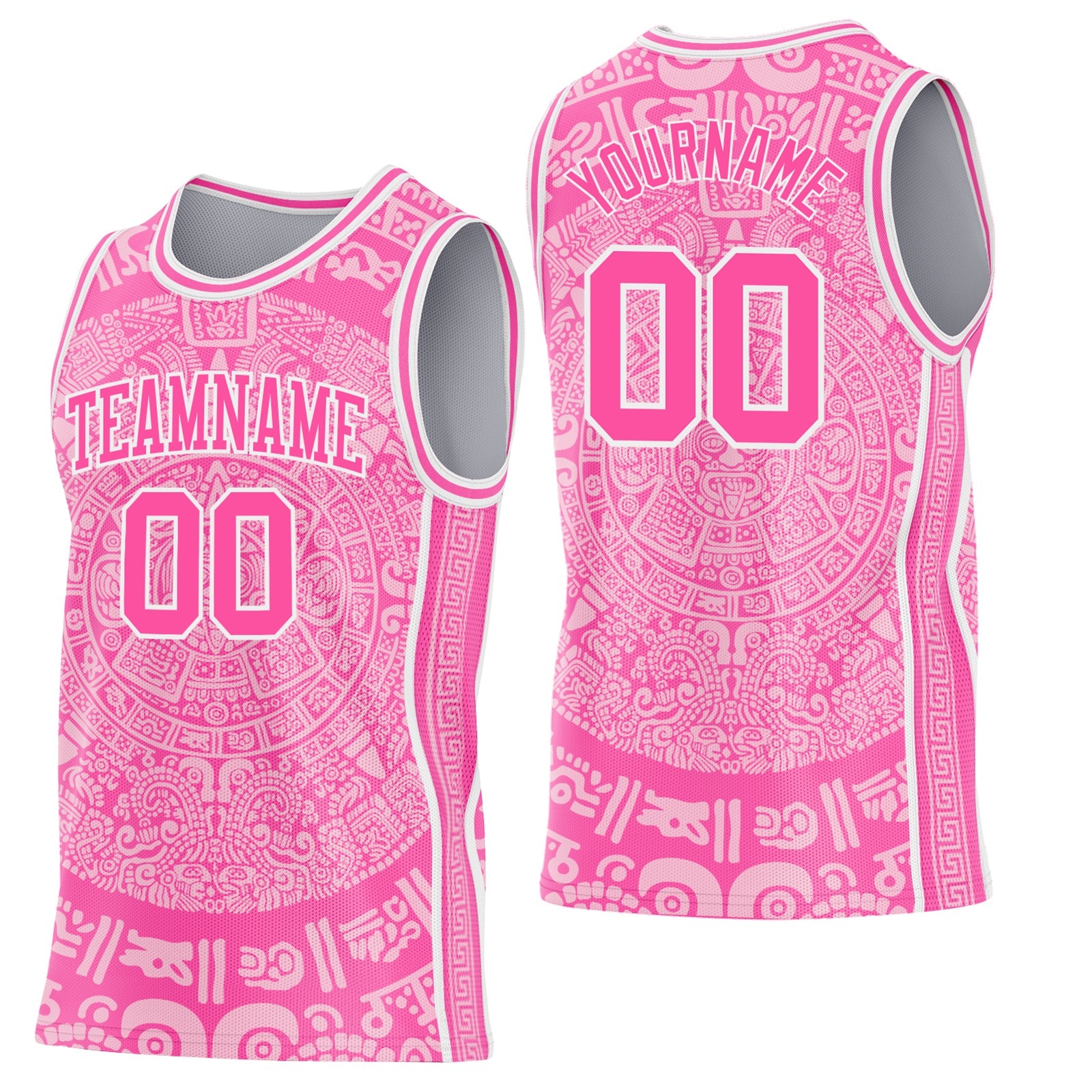 Custom Pink-White Tribal Ethnic Aztec Sun Stone Side Panel Stripe Round Neck Sublimation Basketball Set Jersey - Main View