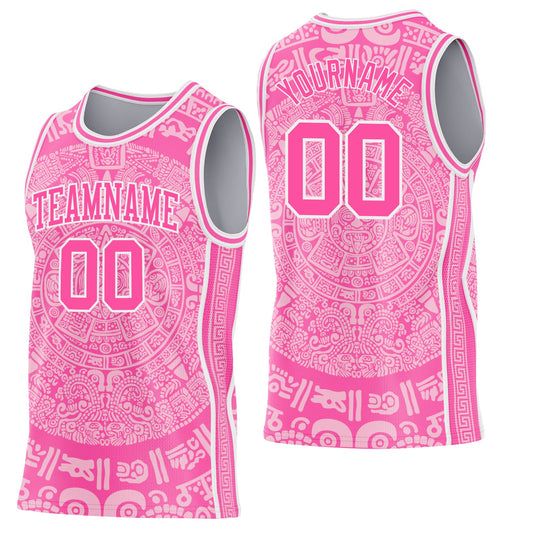 Custom Pink-White Tribal Ethnic Aztec Sun Stone Side Panel Stripe Round Neck Sublimation Basketball Set Jersey - Main View