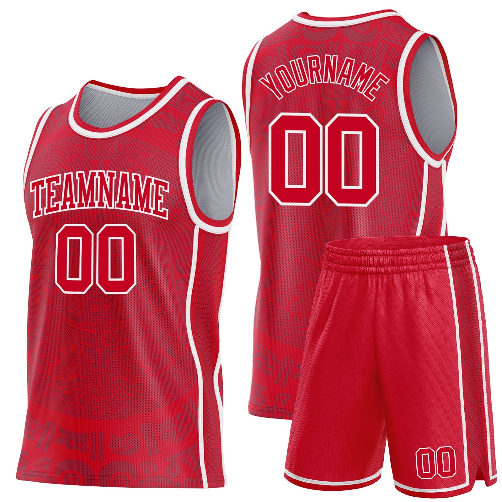 Custom Red-White Tribal Ethnic Aztec Sun Stone Side Panel Stripe Round Neck Sublimation Basketball Set Jersey view 2