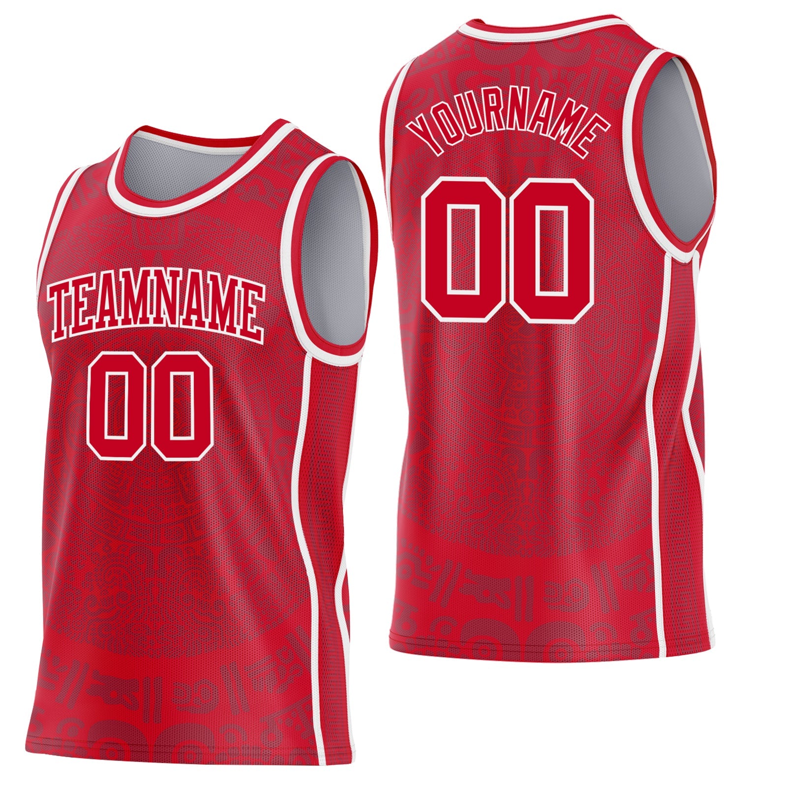 Custom Red-White Tribal Ethnic Aztec Sun Stone Side Panel Stripe Round Neck Sublimation Basketball Set Jersey - Main View