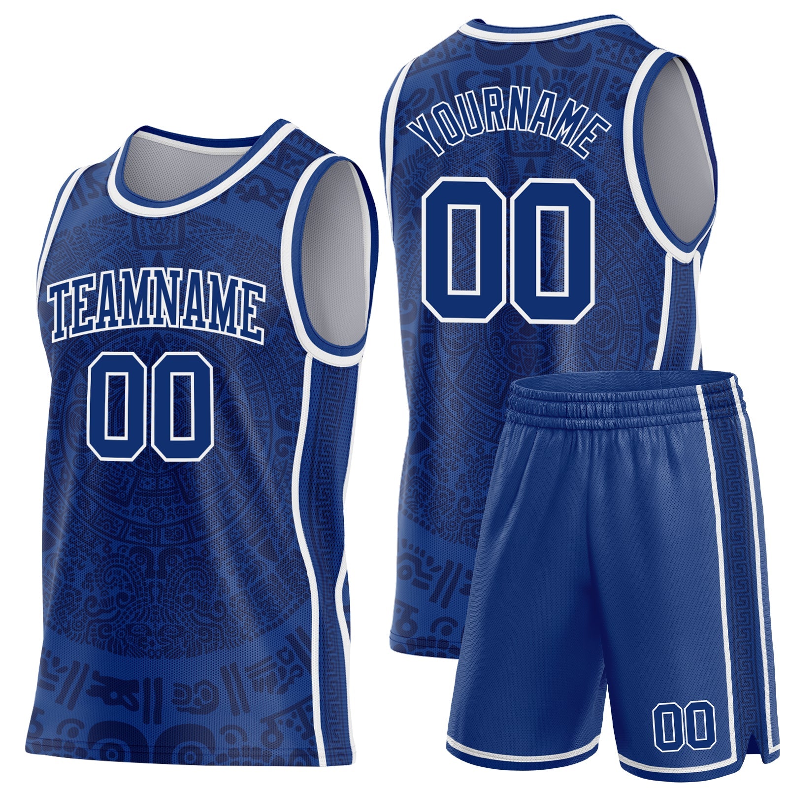 Custom Royal-White Tribal Ethnic Aztec Sun Stone Side Panel Stripe Round Neck Sublimation Basketball Set Jersey view 2