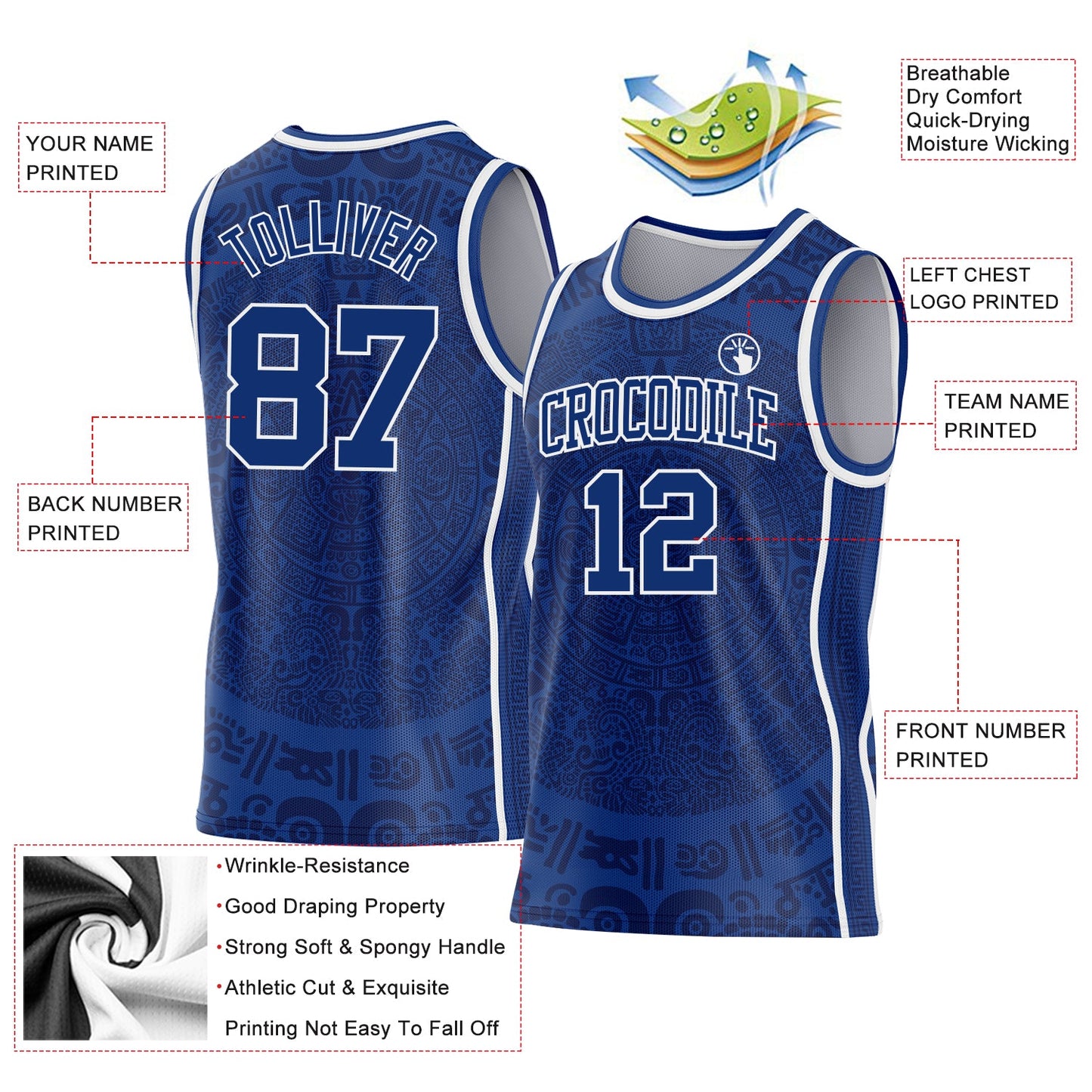 Custom Royal-White Tribal Ethnic Aztec Sun Stone Side Panel Stripe Round Neck Sublimation Basketball Set Jersey view 3