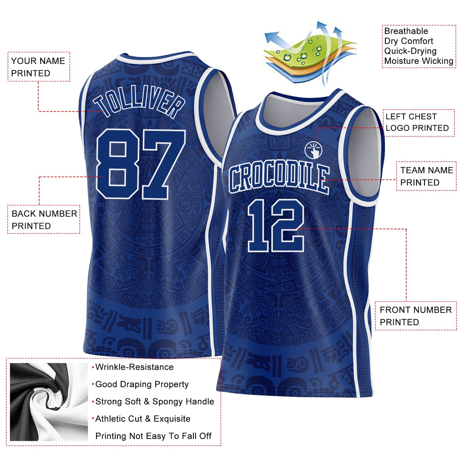 Custom Royal-White Tribal Ethnic Aztec Sun Stone Side Panel Stripe Round Neck Sublimation Basketball Set Jersey view 3