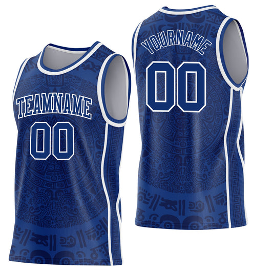 Custom Royal-White Tribal Ethnic Aztec Sun Stone Side Panel Stripe Round Neck Sublimation Basketball Set Jersey - Main View