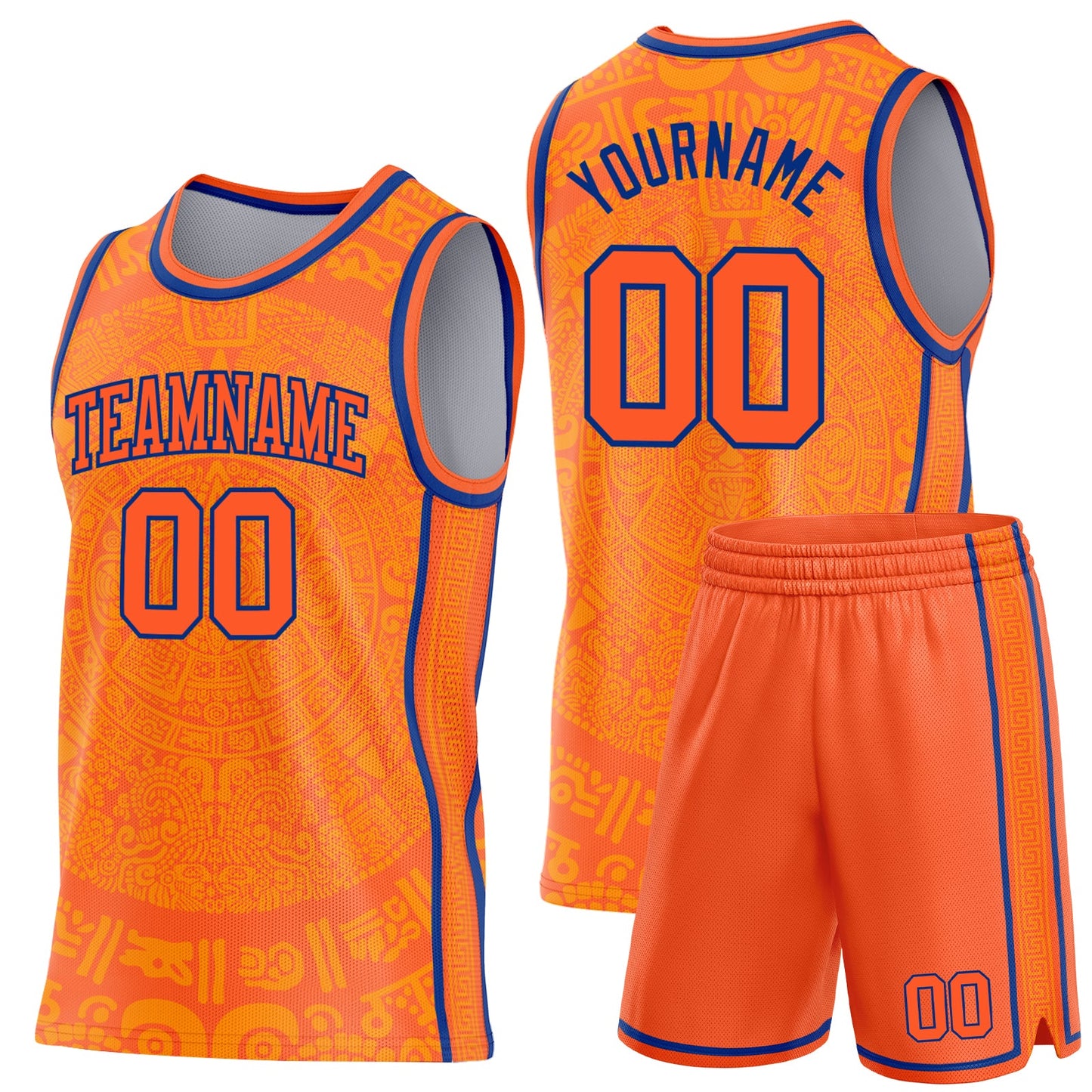 Custom Orange-Royal Tribal Ethnic Aztec Sun Stone Side Panel Stripe Round Neck Sublimation Basketball Set Jersey view 2