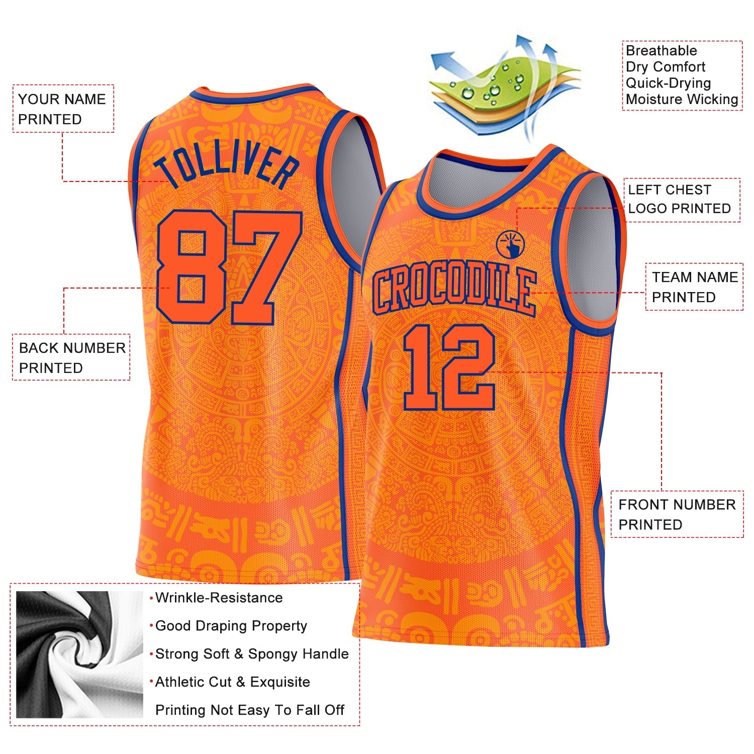 Custom Orange-Royal Tribal Ethnic Aztec Sun Stone Side Panel Stripe Round Neck Sublimation Basketball Set Jersey view 3
