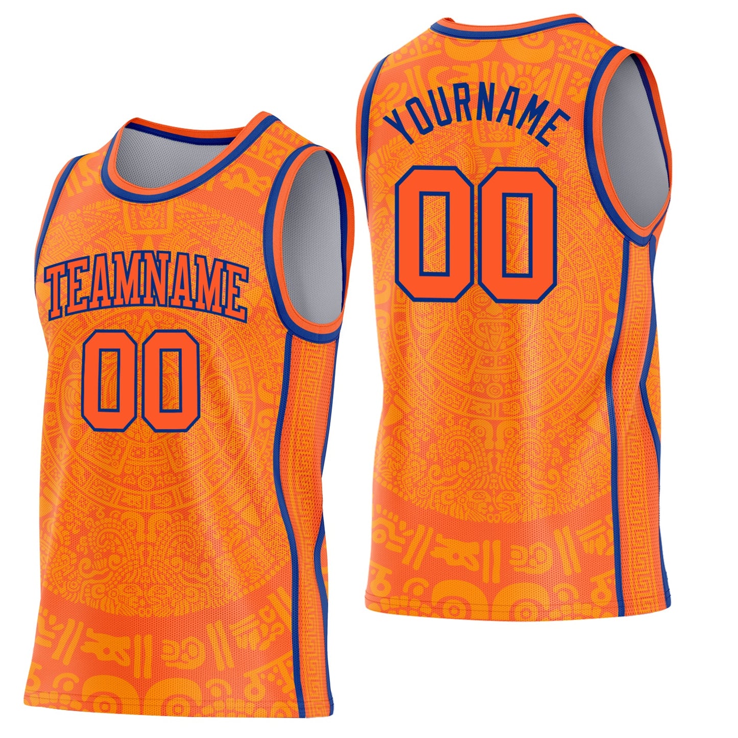 Custom Orange-Royal Tribal Ethnic Aztec Sun Stone Side Panel Stripe Round Neck Sublimation Basketball Set Jersey - Main View