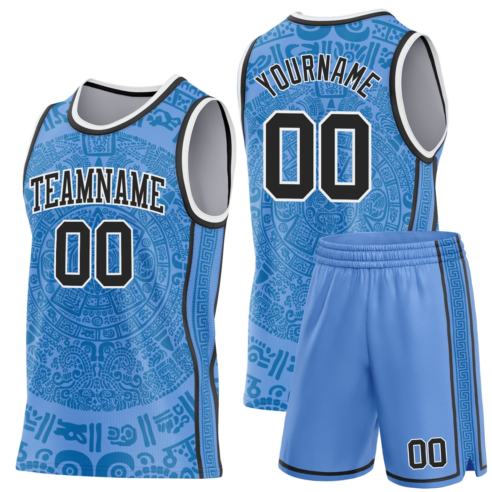 Custom Light Blue Black-White Tribal Ethnic Aztec Sun Stone Side Panel Stripe Round Neck Sublimation Basketball Set Jersey view 2