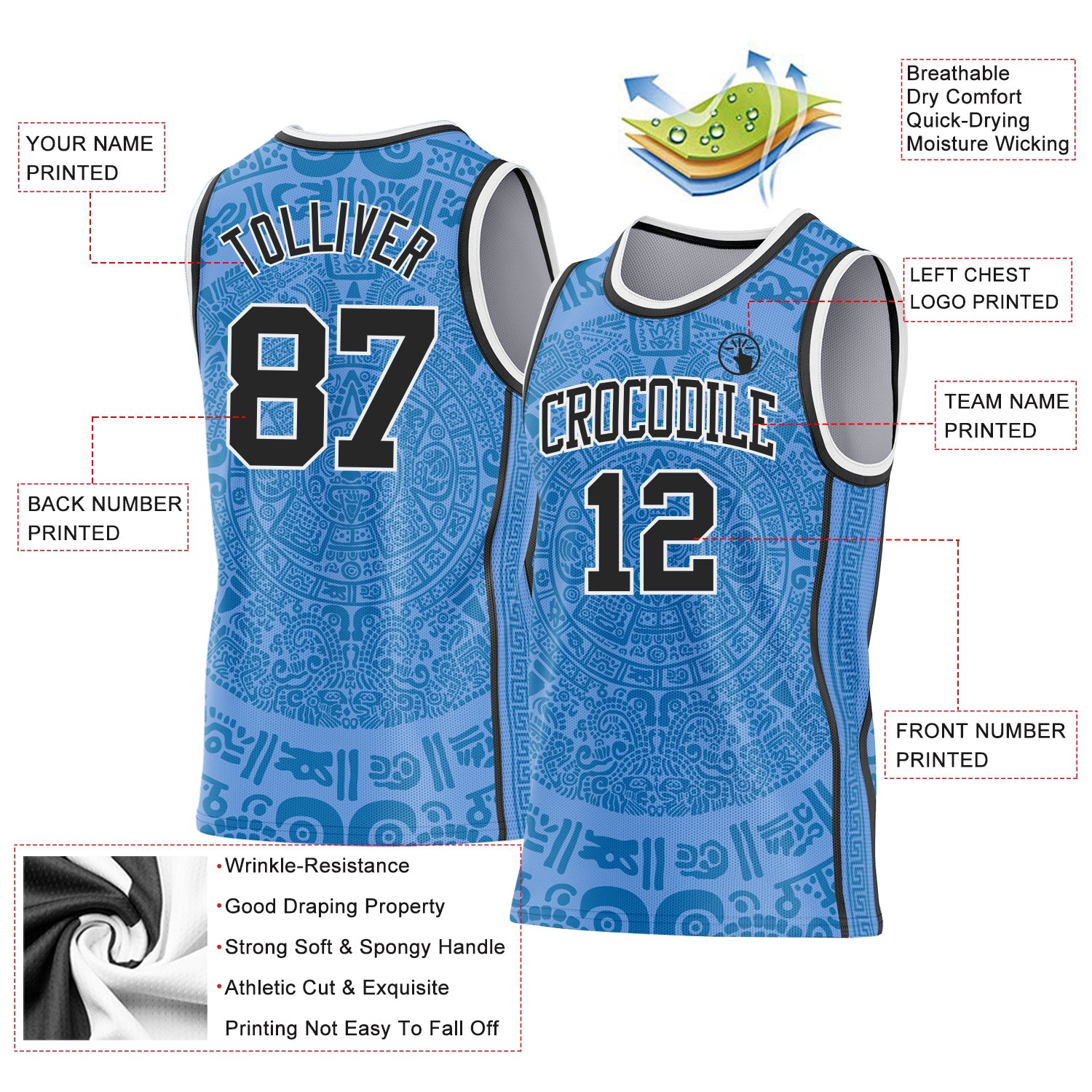 Custom Light Blue Black-White Tribal Ethnic Aztec Sun Stone Side Panel Stripe Round Neck Sublimation Basketball Set Jersey view 3