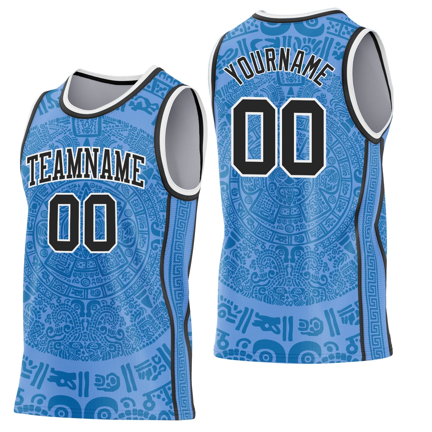 Custom Light Blue Black-White Tribal Ethnic Aztec Sun Stone Side Panel Stripe Round Neck Sublimation Basketball Set Jersey - Main View