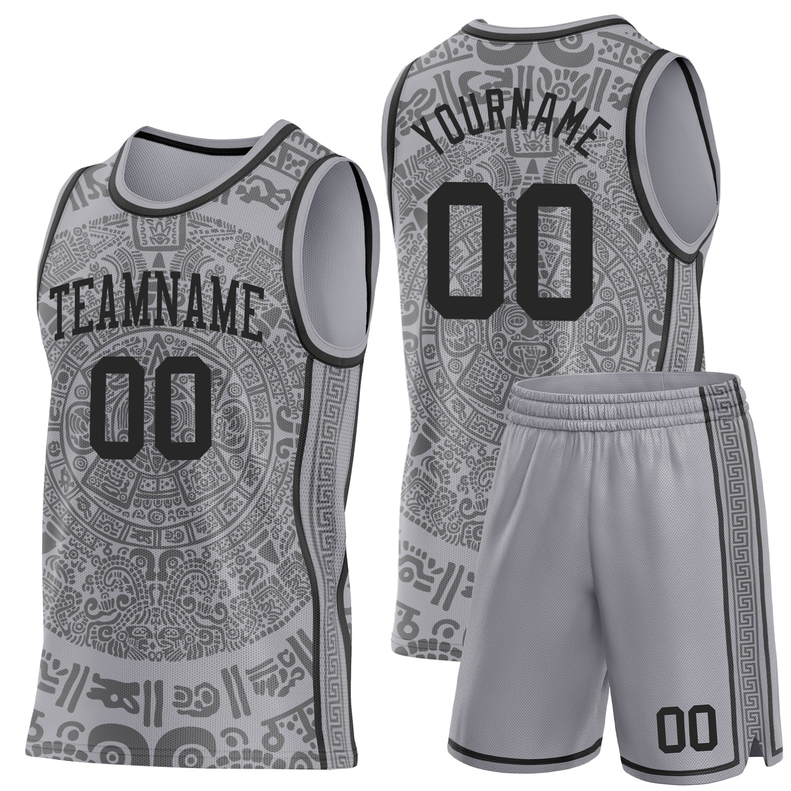 Custom Gray-Black Tribal Ethnic Aztec Sun Stone Side Panel Stripe Round Neck Sublimation Basketball Set Jersey view 2