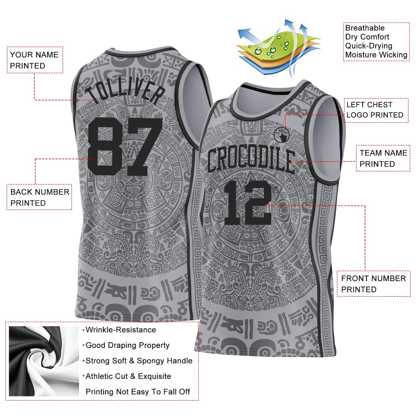 Custom Gray-Black Tribal Ethnic Aztec Sun Stone Side Panel Stripe Round Neck Sublimation Basketball Set Jersey view 3