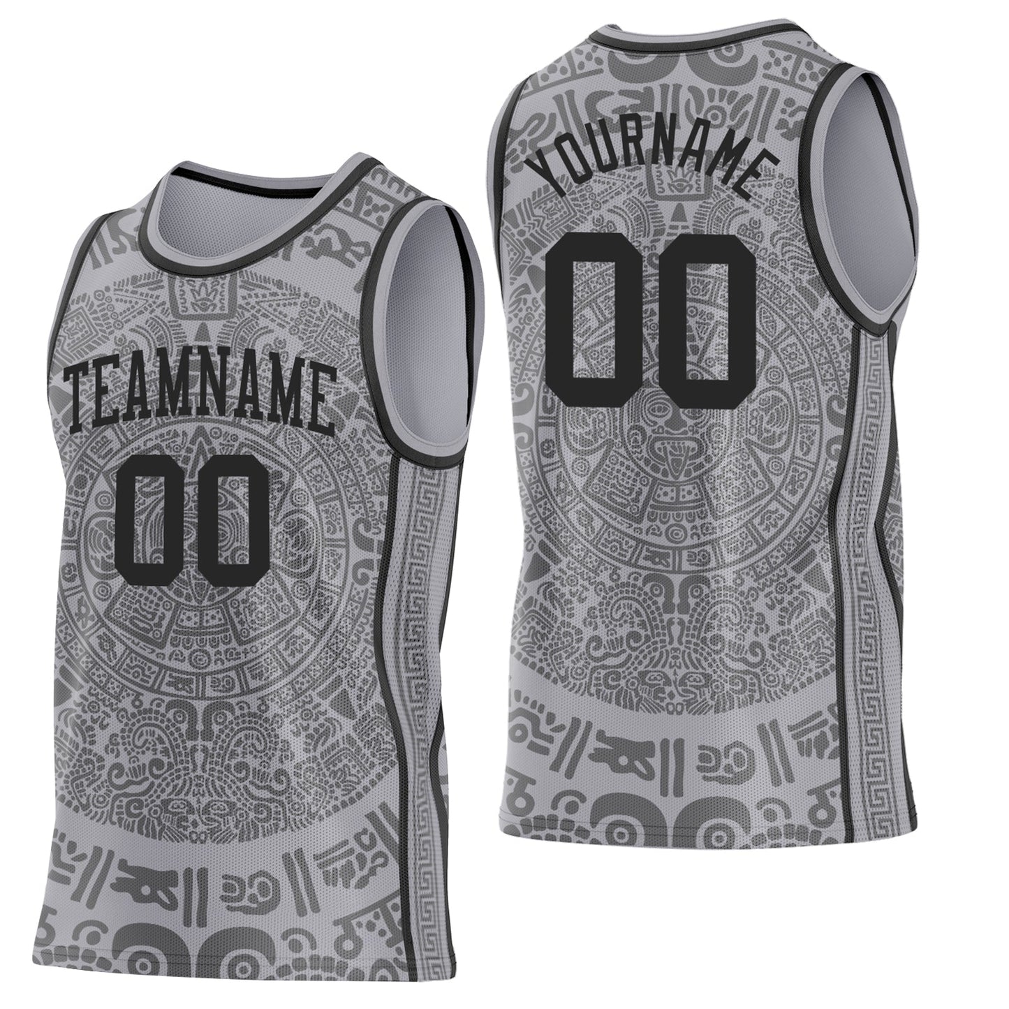 Custom Gray-Black Tribal Ethnic Aztec Sun Stone Side Panel Stripe Round Neck Sublimation Basketball Set Jersey - Main View