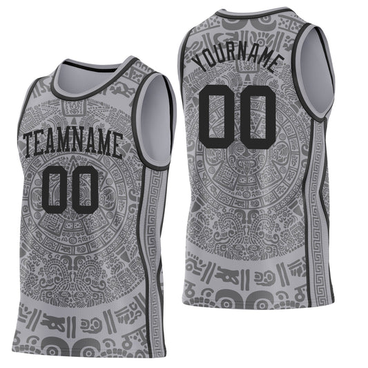 Custom Gray-Black Tribal Ethnic Aztec Sun Stone Side Panel Stripe Round Neck Sublimation Basketball Set Jersey - Main View
