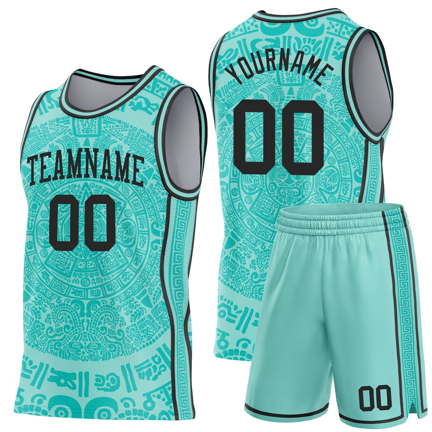 Custom Ice Blue-Black Tribal Ethnic Aztec Sun Stone Side Panel Stripe Round Neck Sublimation Basketball Set Jersey view 2