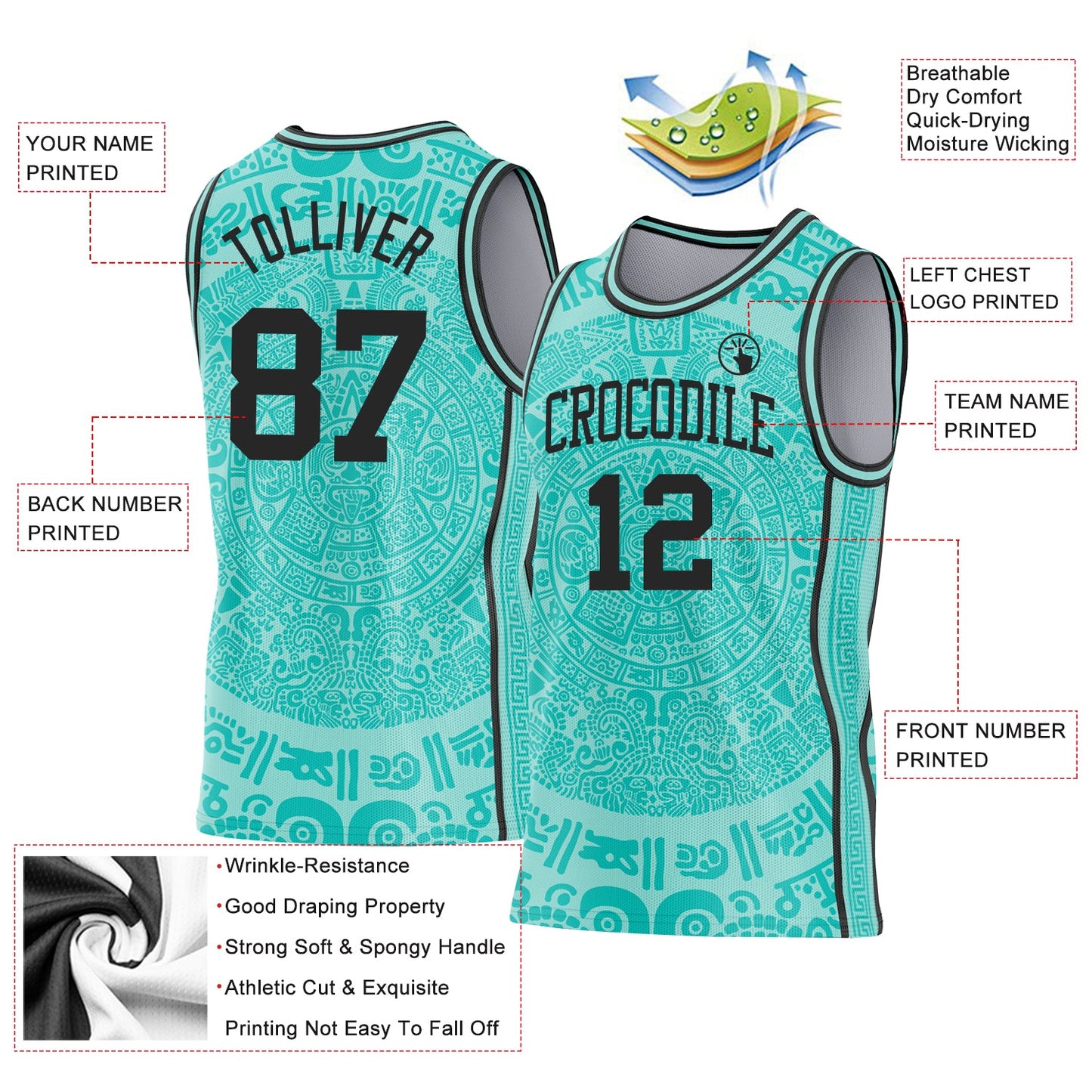 Custom Ice Blue-Black Tribal Ethnic Aztec Sun Stone Side Panel Stripe Round Neck Sublimation Basketball Set Jersey view 3