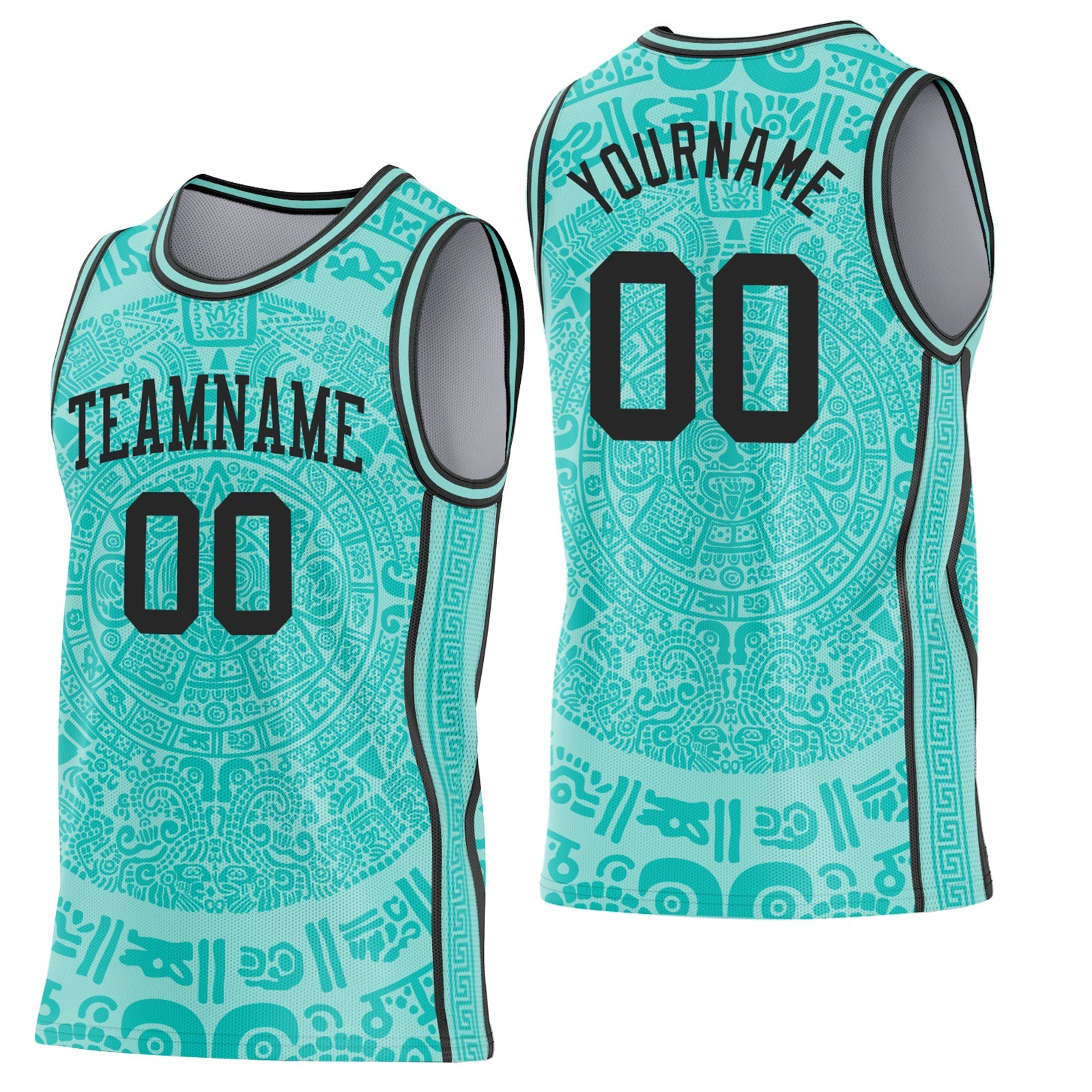 Custom Ice Blue-Black Tribal Ethnic Aztec Sun Stone Side Panel Stripe Round Neck Sublimation Basketball Set Jersey - Main View