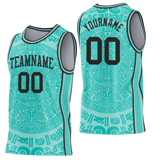 Custom Ice Blue-Black Tribal Ethnic Aztec Sun Stone Side Panel Stripe Round Neck Sublimation Basketball Set Jersey - Main View