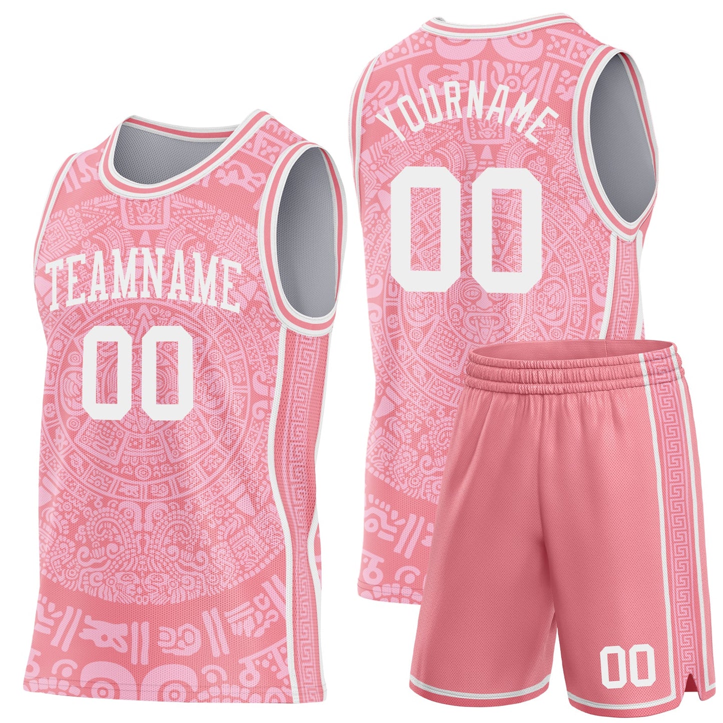 Custom Medium Pink-White Tribal Ethnic Aztec Sun Stone Side Panel Stripe Round Neck Sublimation Basketball Set Jersey view 2
