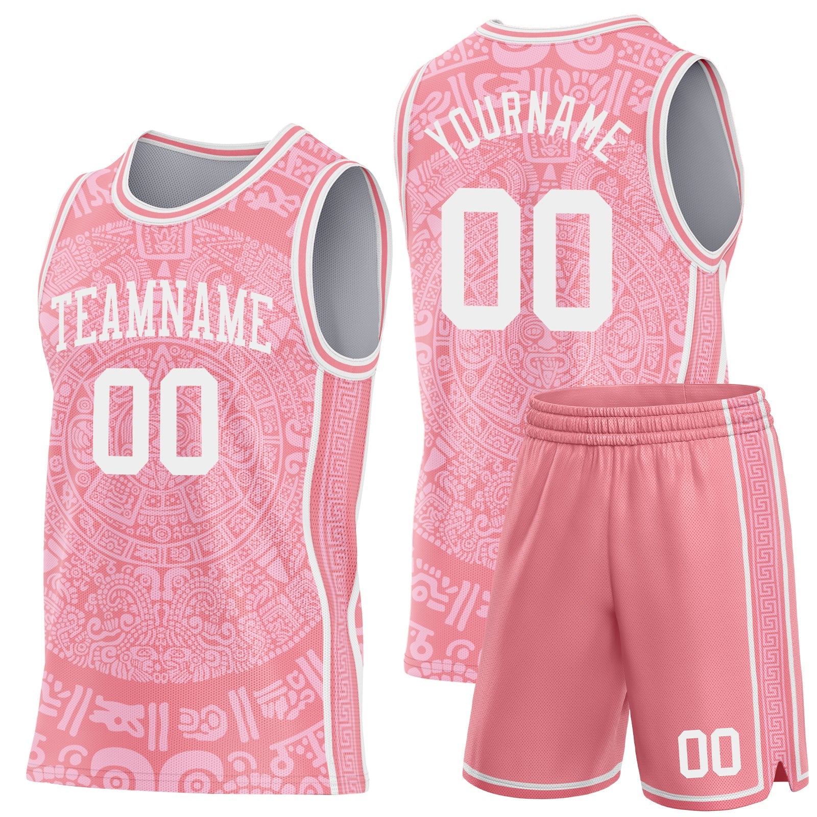 Custom Medium Pink-White Tribal Ethnic Aztec Sun Stone Side Panel Stripe Round Neck Sublimation Basketball Set Jersey view 2
