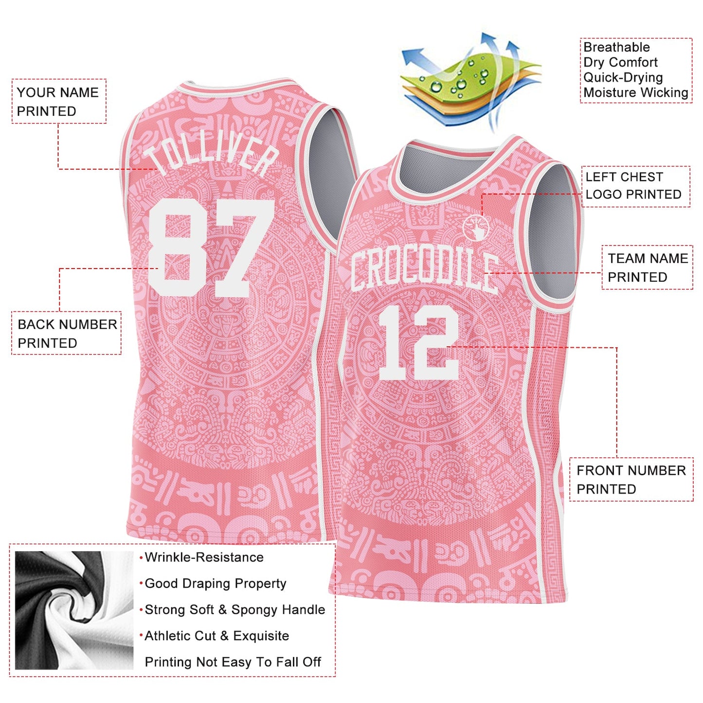 Custom Medium Pink-White Tribal Ethnic Aztec Sun Stone Side Panel Stripe Round Neck Sublimation Basketball Set Jersey view 3