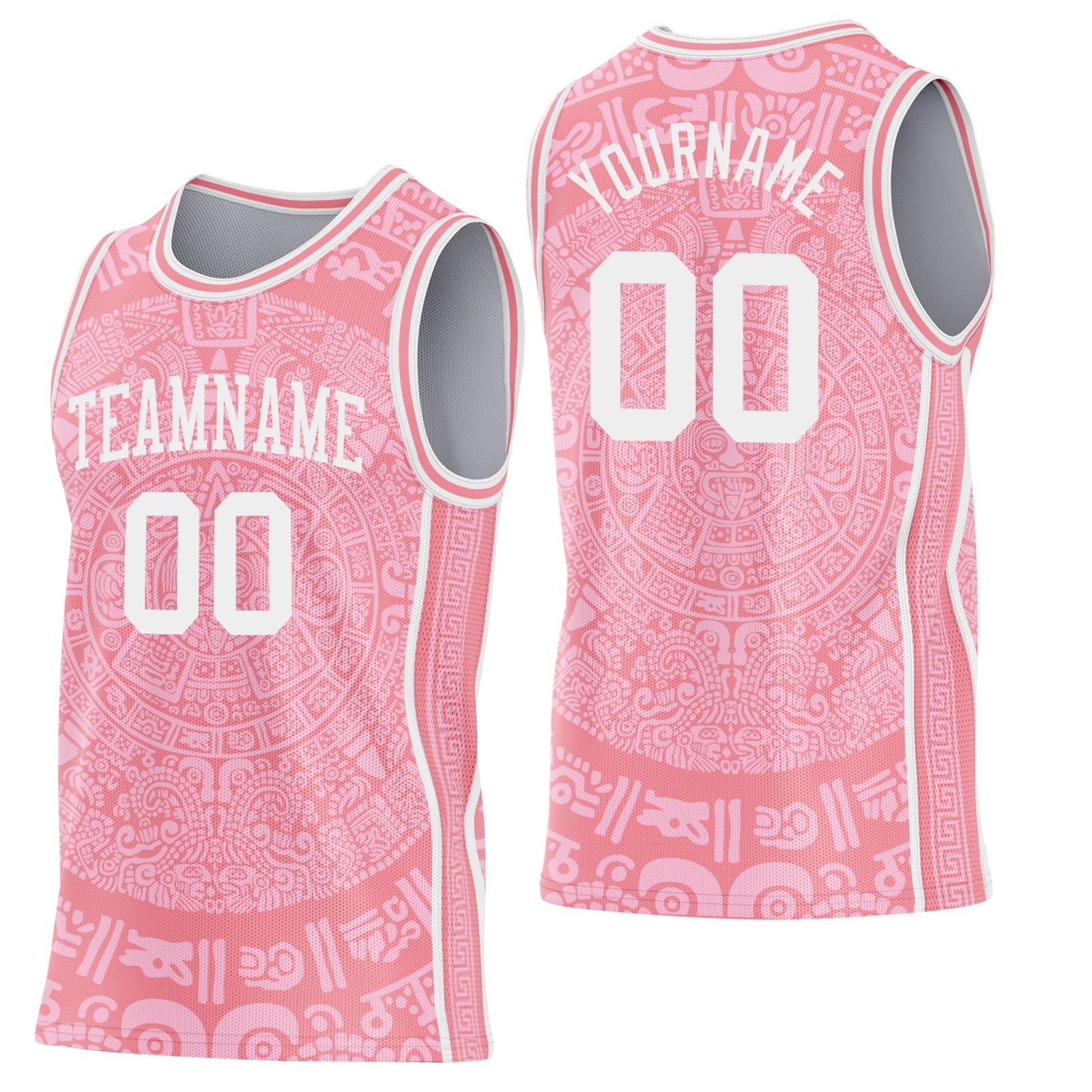 Custom Medium Pink-White Tribal Ethnic Aztec Sun Stone Side Panel Stripe Round Neck Sublimation Basketball Set Jersey - Main View