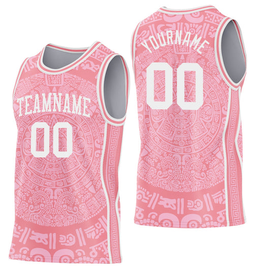 Custom Medium Pink-White Tribal Ethnic Aztec Sun Stone Side Panel Stripe Round Neck Sublimation Basketball Set Jersey - Main View