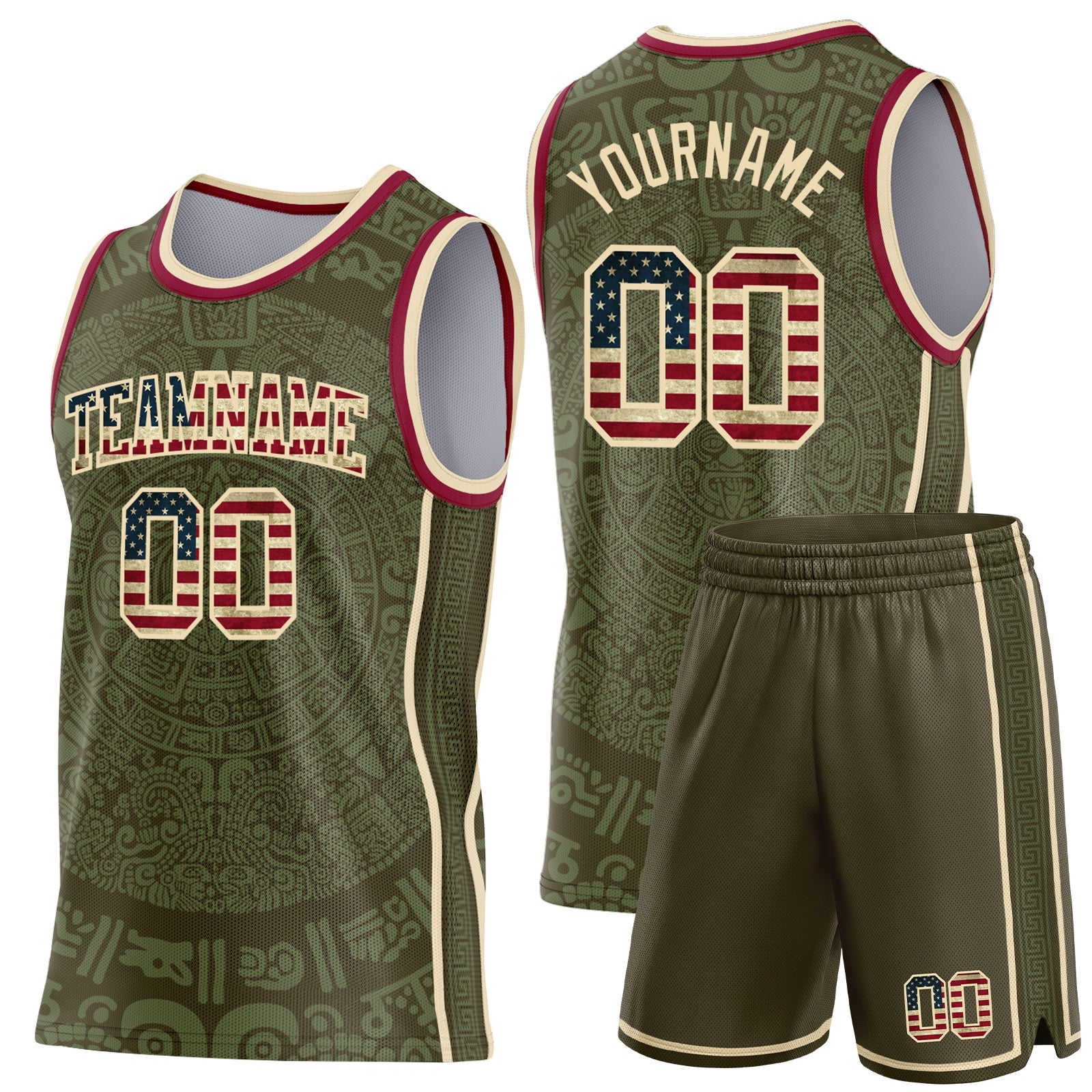 Custom Olive Vintage USA Flag Cream-Maroon Tribal Ethnic Aztec Sun Stone Side Panel Stripe Round Neck Sublimation Basketball Set Jersey view 2