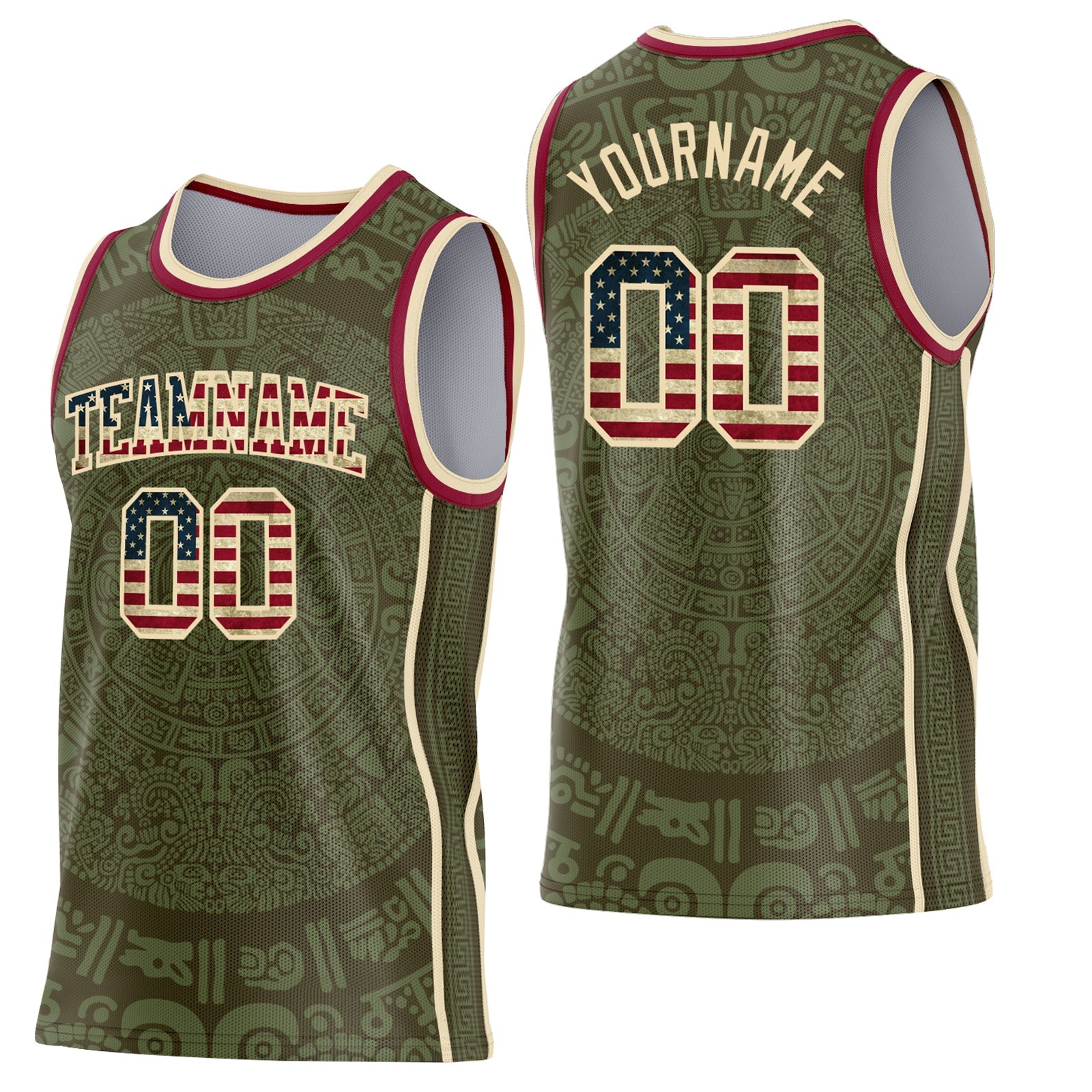 Custom Olive Vintage USA Flag Cream-Maroon Tribal Ethnic Aztec Sun Stone Side Panel Stripe Round Neck Sublimation Basketball Set Jersey - Main View