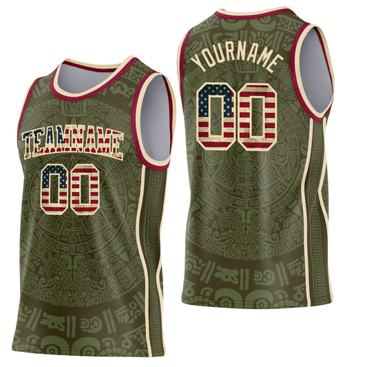 Custom Olive Vintage USA Flag Cream-Maroon Tribal Ethnic Aztec Sun Stone Side Panel Stripe Round Neck Sublimation Basketball Set Jersey - Main View