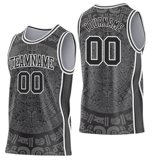 Custom Black-White Tribal Ethnic Aztec Sun Stone Side Panel Stripe Round Neck Sublimation Basketball Set Jersey - Main View