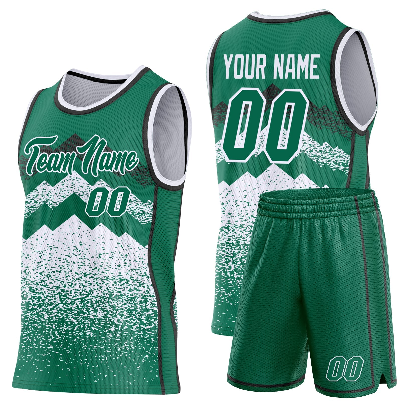 Custom Kelly Green White-Black Mountain Peak Shards Side Panel Stripe Round Neck Sublimation Basketball Set Jersey view 2