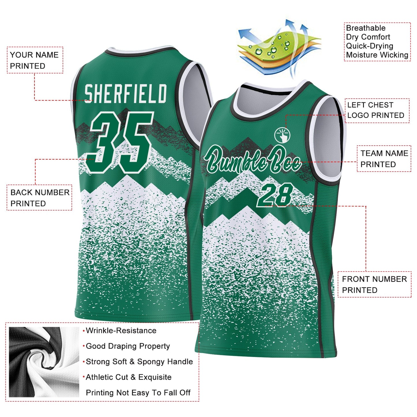 Custom Kelly Green White-Black Mountain Peak Shards Side Panel Stripe Round Neck Sublimation Basketball Set Jersey view 3
