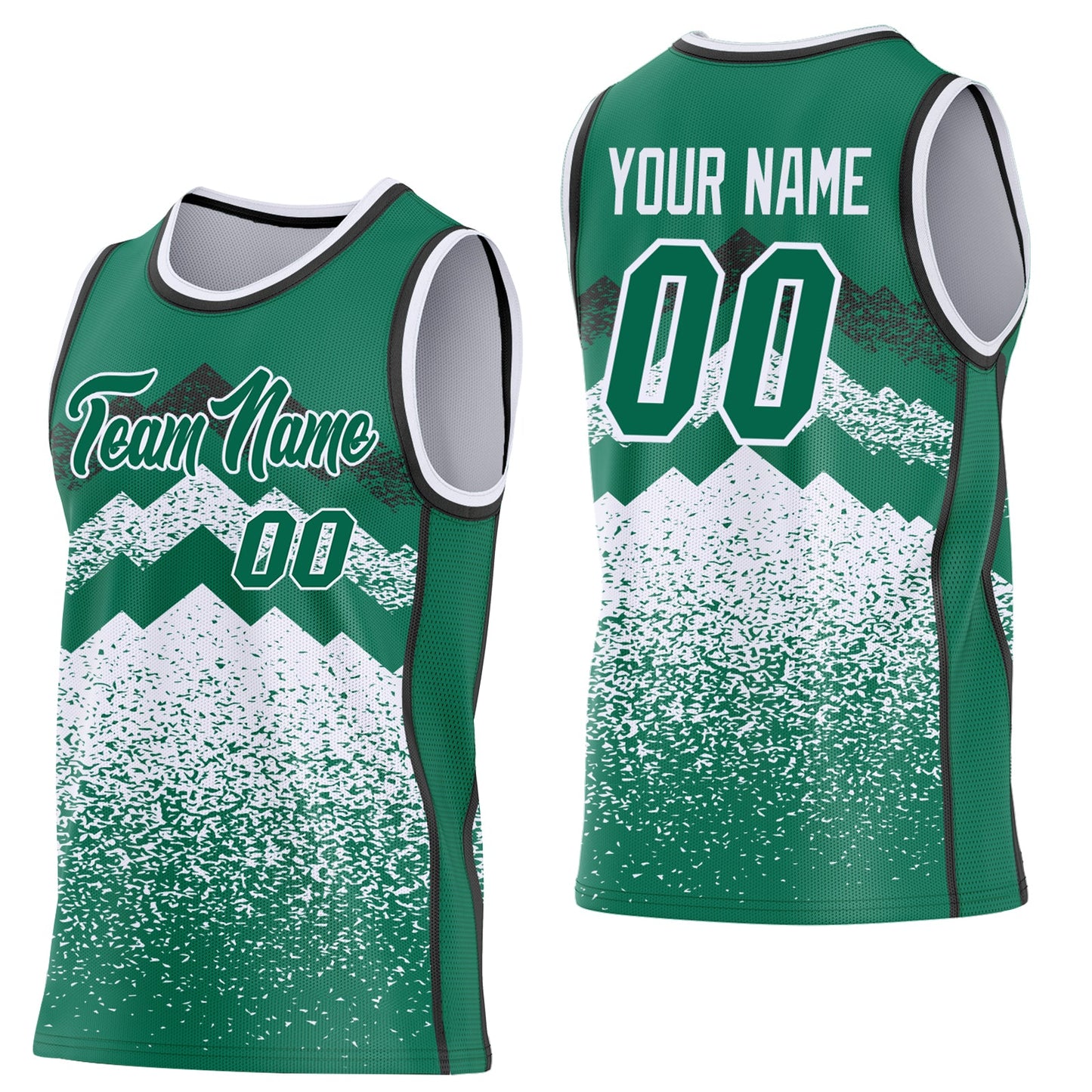 Custom Kelly Green White-Black Mountain Peak Shards Side Panel Stripe Round Neck Sublimation Basketball Set Jersey - Main View